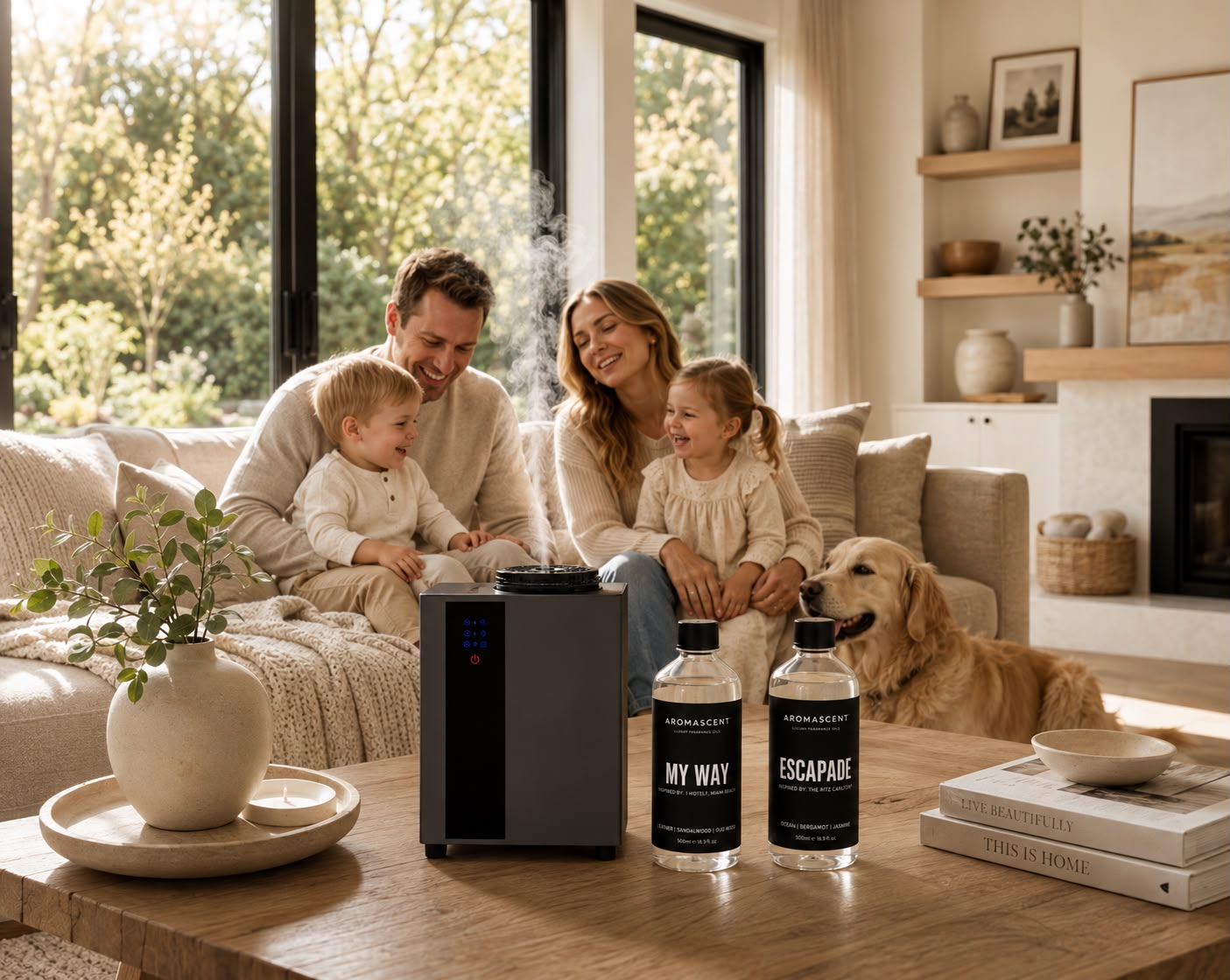 Happy family with a dog in a modern living room