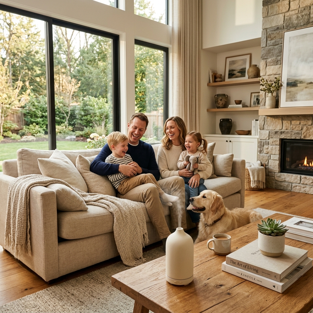 Happy family with a dog in a modern living room